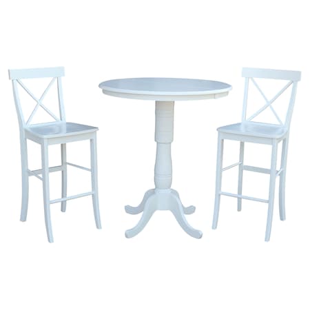 International Concepts Round 36 in Rd Extension Dining Table 40.9 inH, 2 X-Back Bar Height Stools, White, 36 W, 48 L, Wood K08-36RXT-S6133